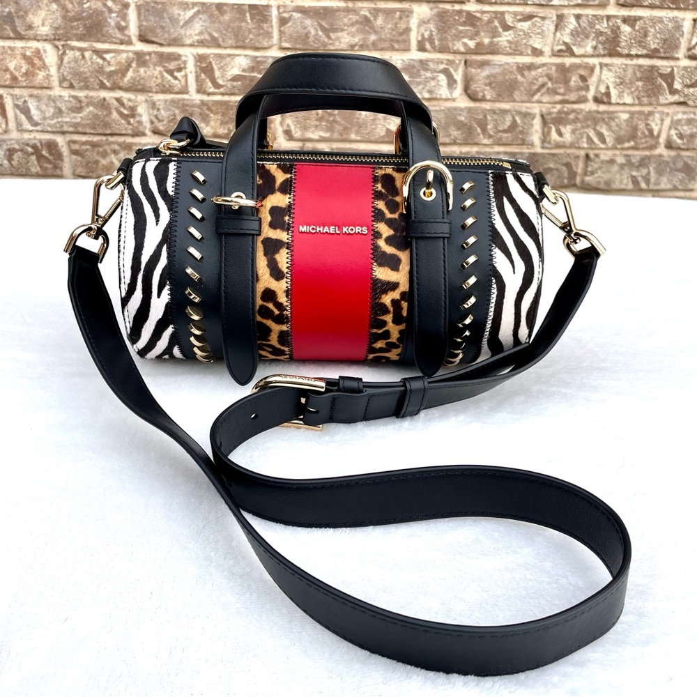 Michael Kors Stanton Medium Animal Print Calf Hair and Leather Barrel Bag